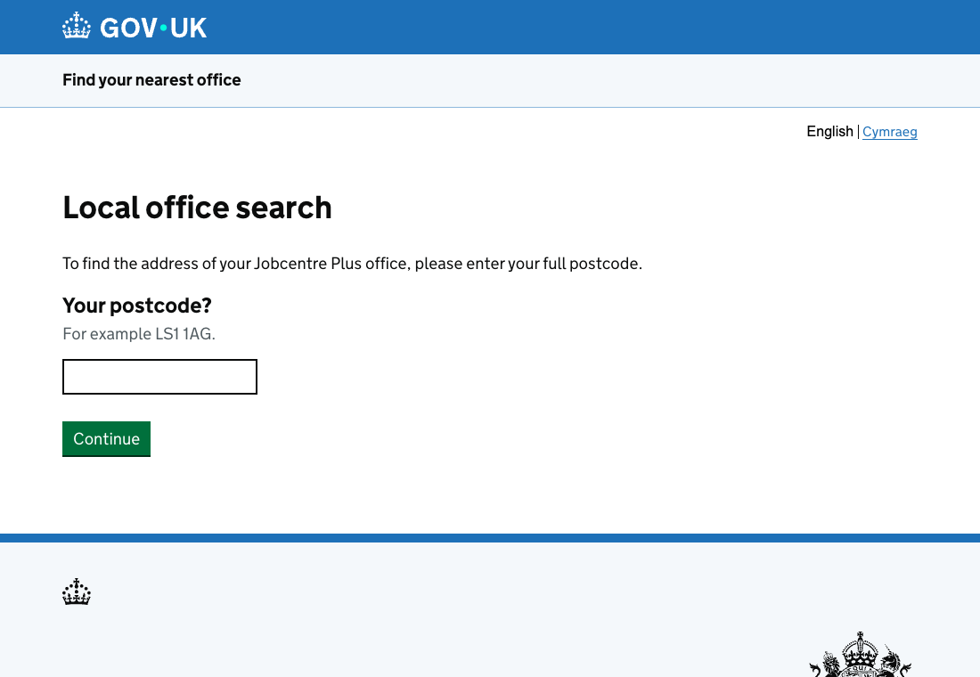 DWP Local office search page asking for a full postcode, example LS1 1AG