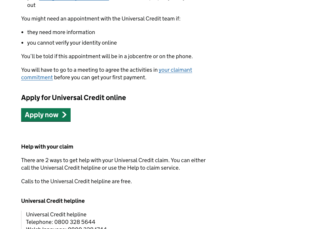 GOV.UK Universal Credit How to claim page showing when you might need an appointment and the green Apply now button