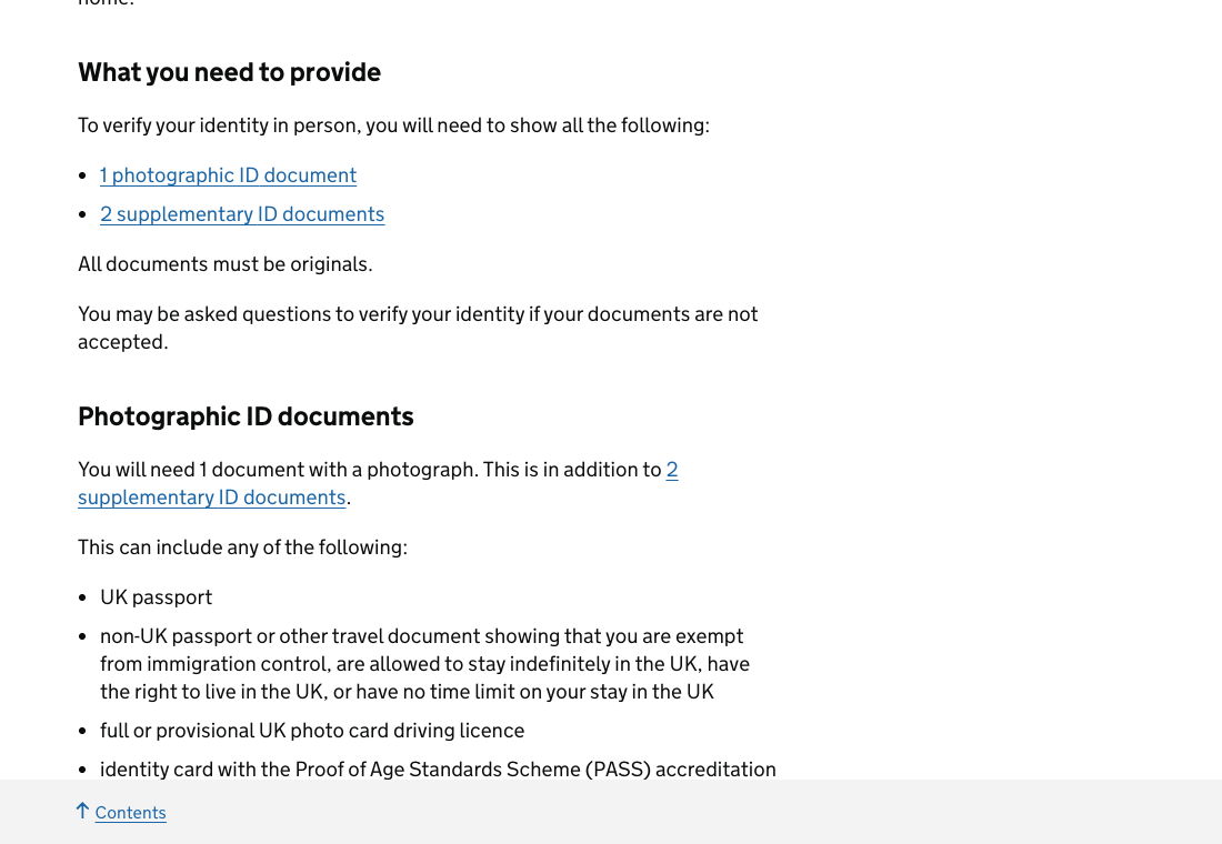 GOV.UK guidance Documents to verify your identity for Universal Credit: 1 photographic ID document, 2 supplementary ID documents, all documents must be originals