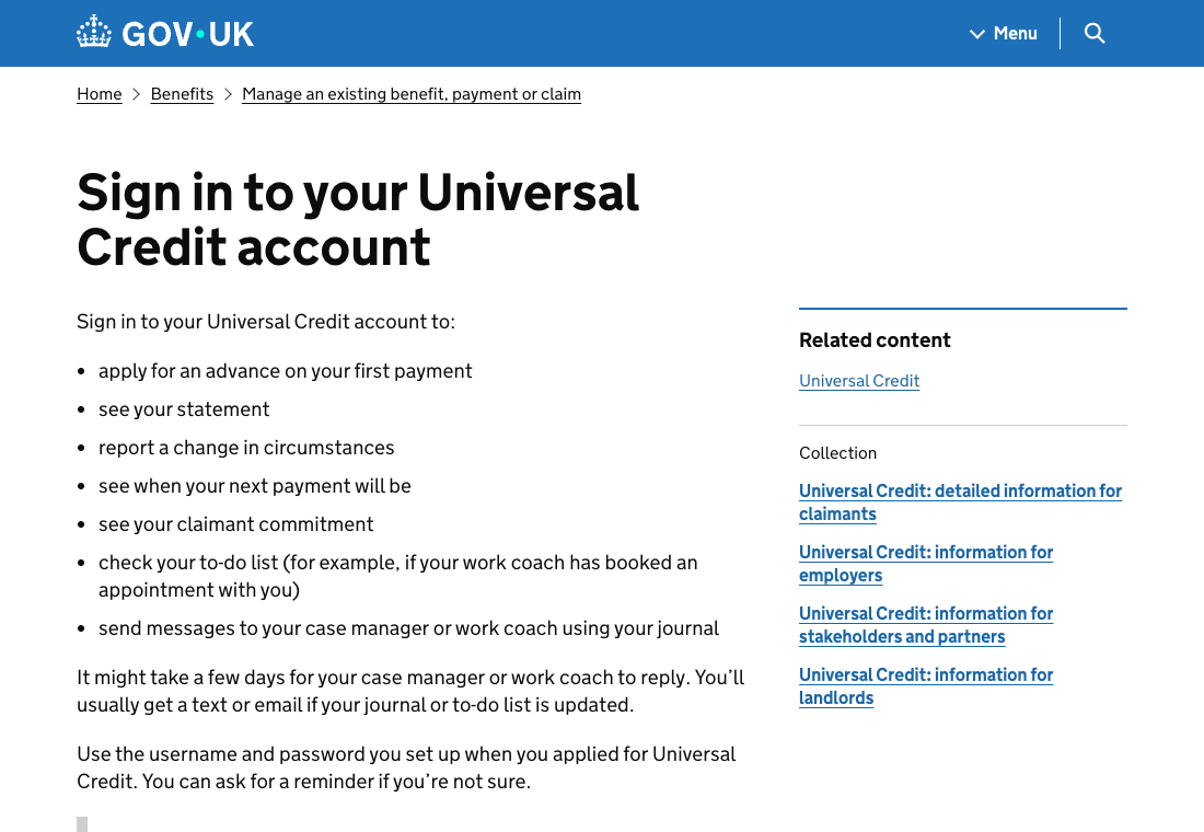 GOV.UK Sign in to your Universal Credit account page listing what you can do, including checking your to-do list for appointments booked by your work coach